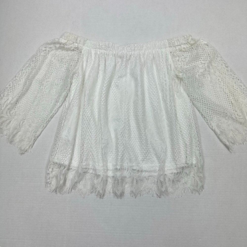 bleuh ciel White Lace Off Shoulder Flowy Coastal 3/4 Sleeve Top, M